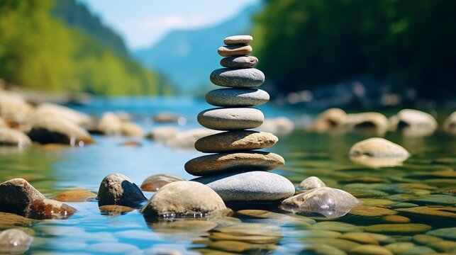 Smooth stones stacked beside still water with soft lavender light