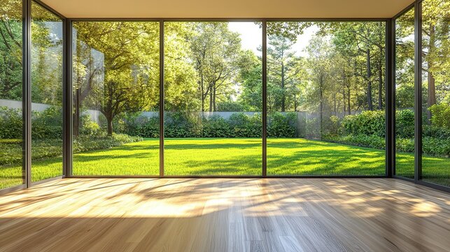 Open window view to a misty garden with soft morning light and glass reflections